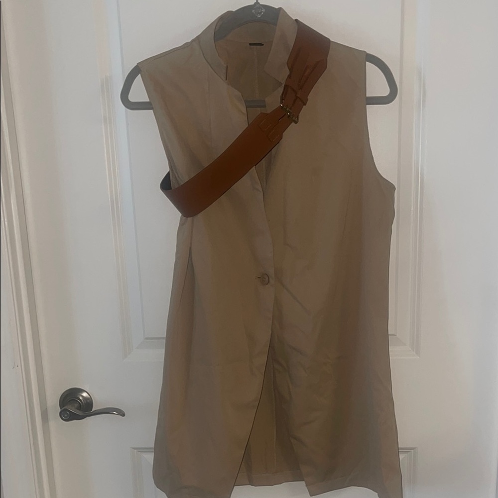 Tan Sleeveless Vest with Brown Strap